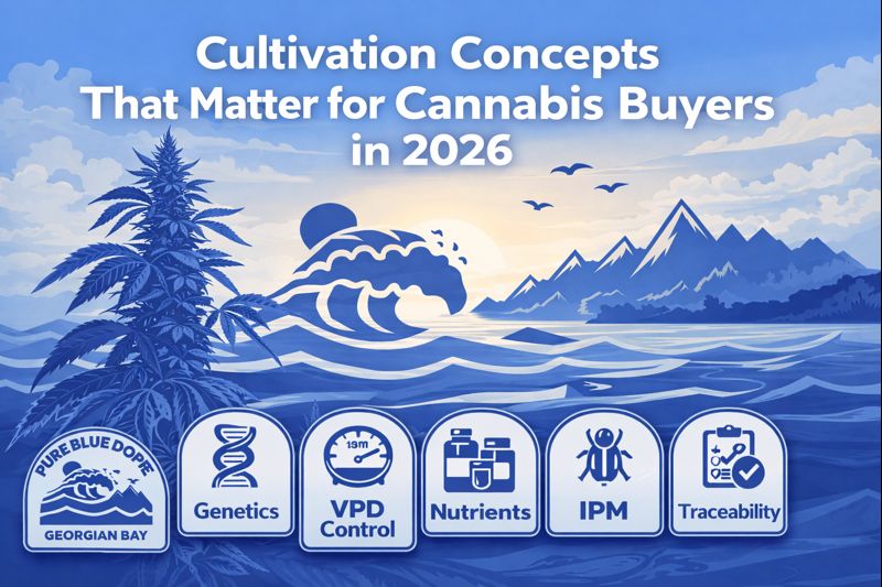 Illustration showing cannabis cultivation concepts for B2B buyers in 2026, including environmental control, VPD management, genetics and repeatable production systems, styled in Pure Blue Cannabis branding.